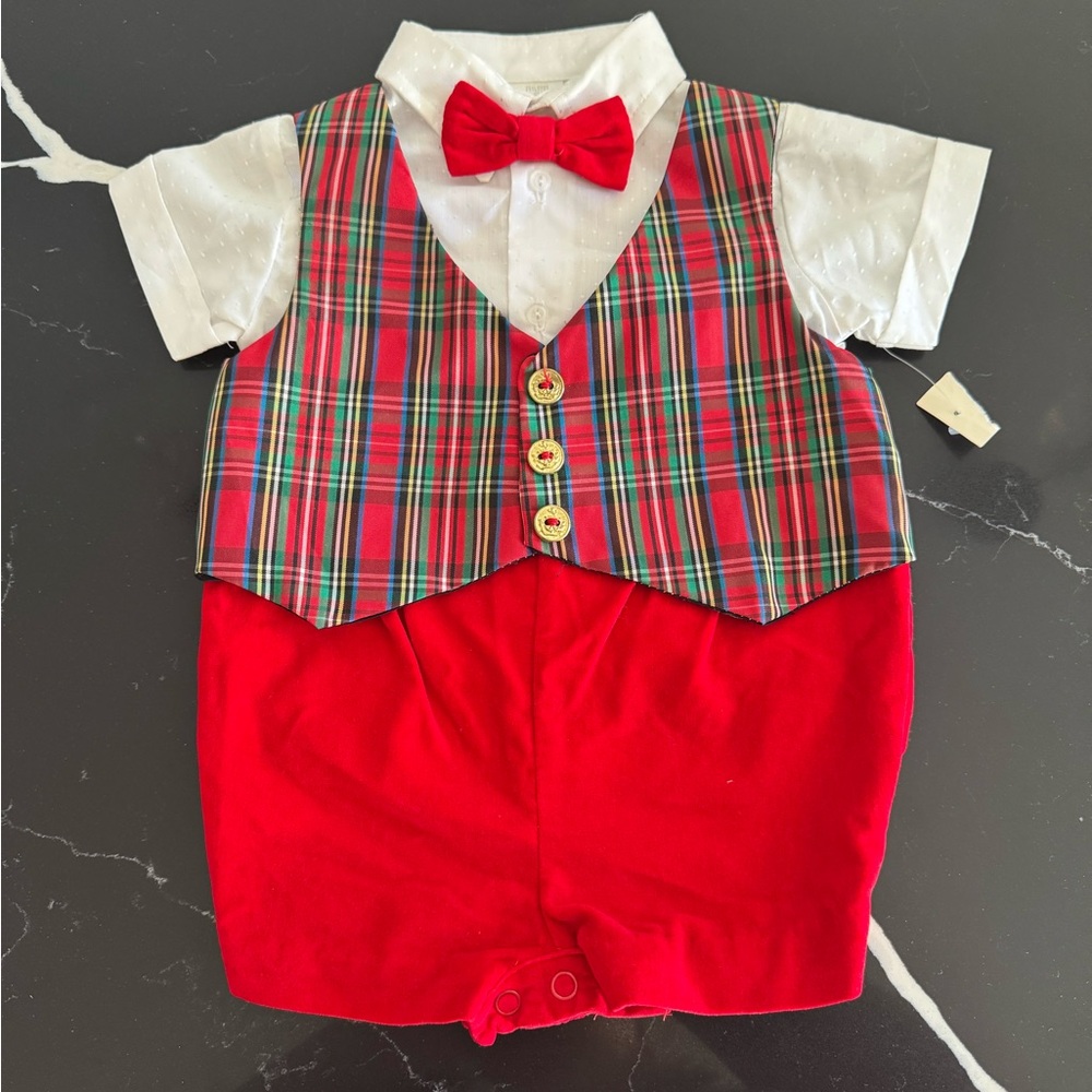Vintage Plaid Vest Baby Outfit with‎ Red Bow Tie